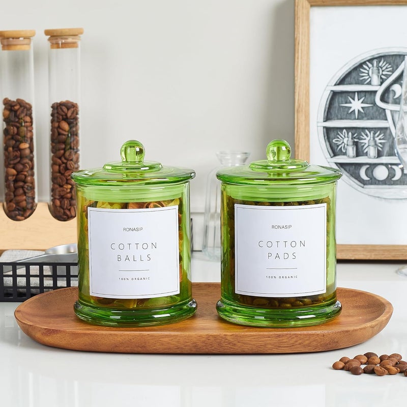 Ronasip Qtip Holder & Cotton Pad Dispenser, Bathroom Organizer and Storage Canisters, 16oz Glass Apothecary Jars for Kitchen, Restroom - Home Decor Accessories, Room Decor Aesthetic (2 Pack, Green) - Image 4